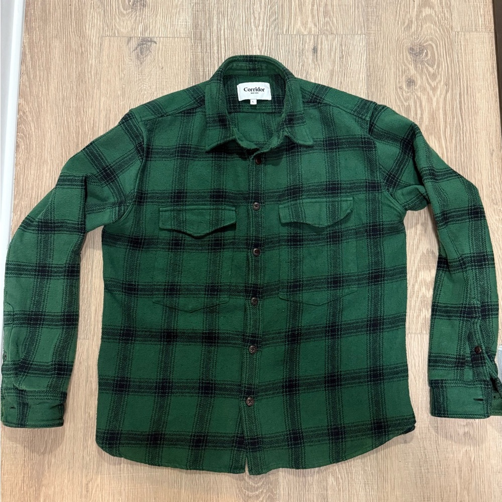 Cortefiel Men's Long Sleeve Green Plaid Shirt